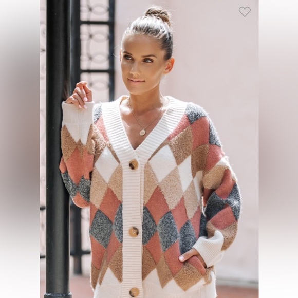 Boutique Sweaters - SS1–Cozy Argyle Button-Up Cardigan Sweater